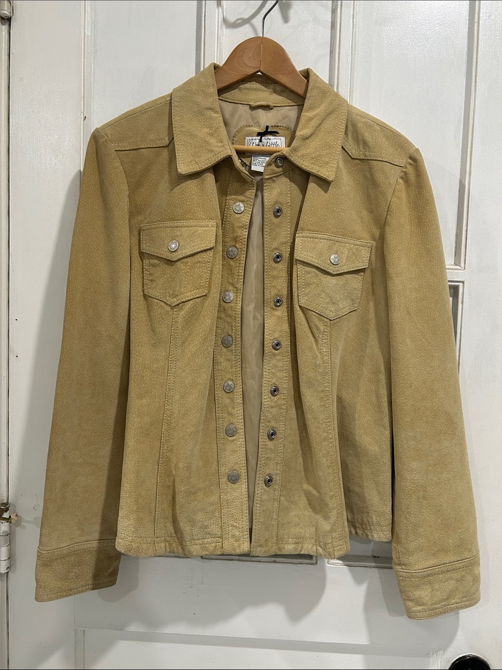Vintage Live A Little Suede Leather Western Snap Front Jacket in Tan - Large